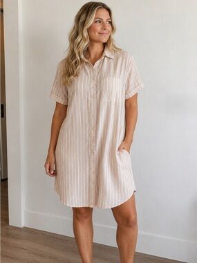 Old Navy Beige & White Striped Shirt Dress XXL | 100% Cotton | Pockets | Button